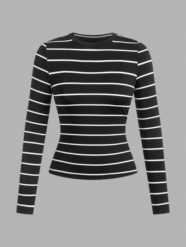 shein@v1@151 SHEIN EZwear 3pcs/Set Women Casual Round Neck Striped Solid Color Long Sleeve Tight Fit Tee Fall Clothes