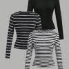 http___img.ltwebstatic.com_images3_pi_2024_10_30_92_17302710041cb330ce49defb7081aec2da062cd5ab SHEIN EZwear 3pcs/Set Women Casual Round Neck Striped Solid Color Long Sleeve Tight Fit Tee Fall Clothes