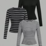 http___img.ltwebstatic.com_images3_pi_2024_10_30_92_17302710041cb330ce49defb7081aec2da062cd5ab SHEIN EZwear 3pcs/Set Women Casual Round Neck Striped Solid Color Long Sleeve Tight Fit Tee Fall Clothes