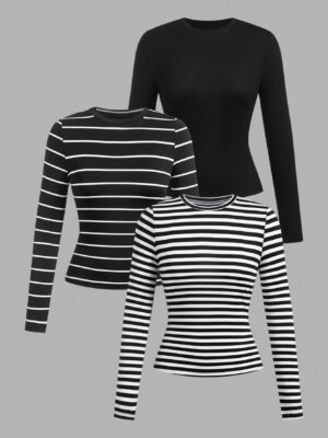 SHEIN EZwear 3pcs/Set Women Casual Round Neck Striped Solid Color Long Sleeve Tight Fit Tee Fall Clothes