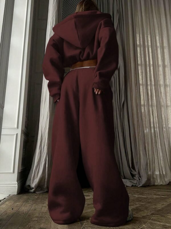 INAWLY 2pcs Women's Plain Zip-Up Hooded Crop Top And Elastic Waist Pants Suit Fall Cloth For Women