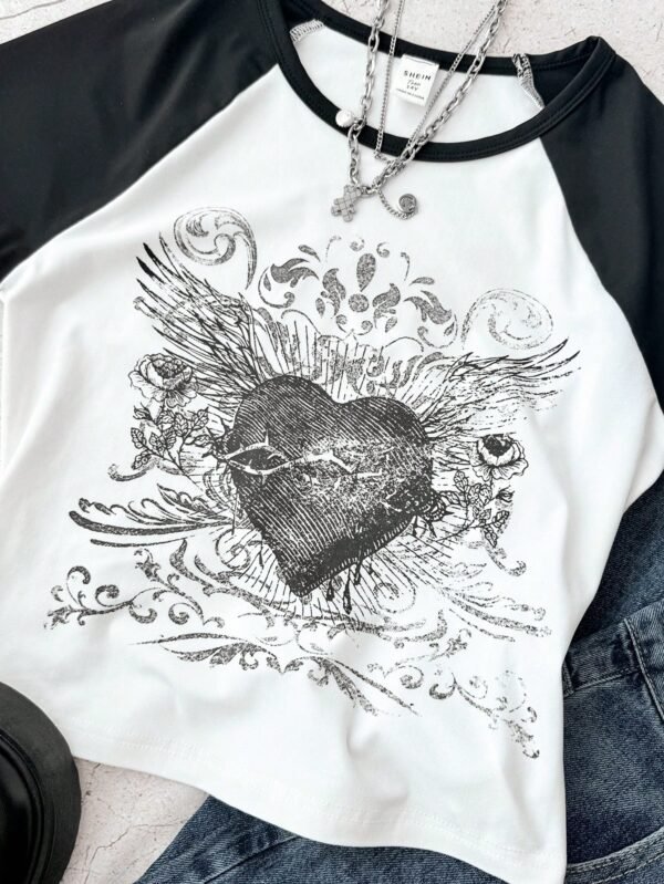 Tween Girls' Black & White Knit Fitted Raglan Sleeve Colorblock Heart Print Casual Streetwear T-Shirt