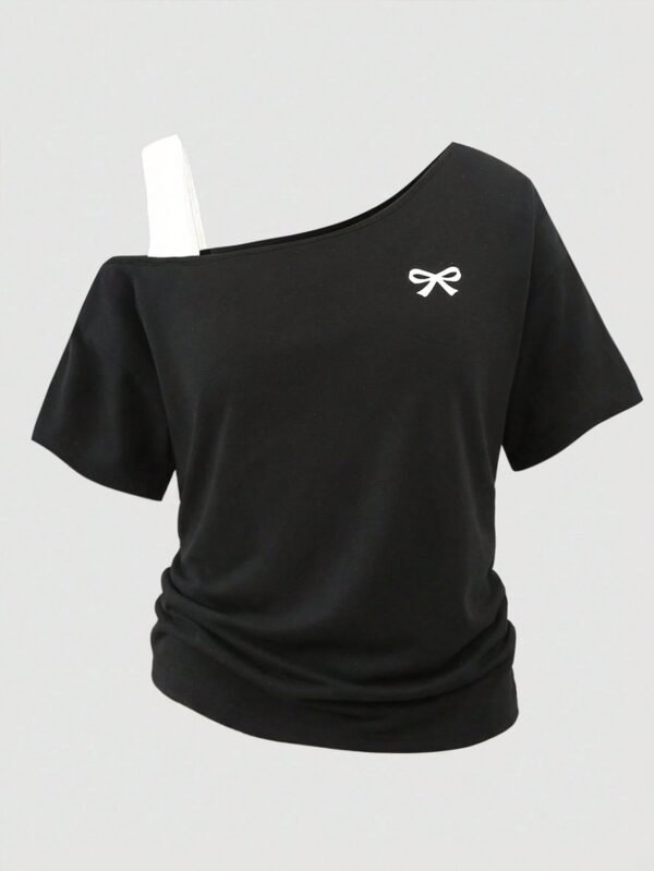 SHEIN Girlism Tween Girls Black & White 2 In 1 Butterfly Print Contrast Color T-Shirt, Asymmetric Design, Loose, Casual, Sporty Style