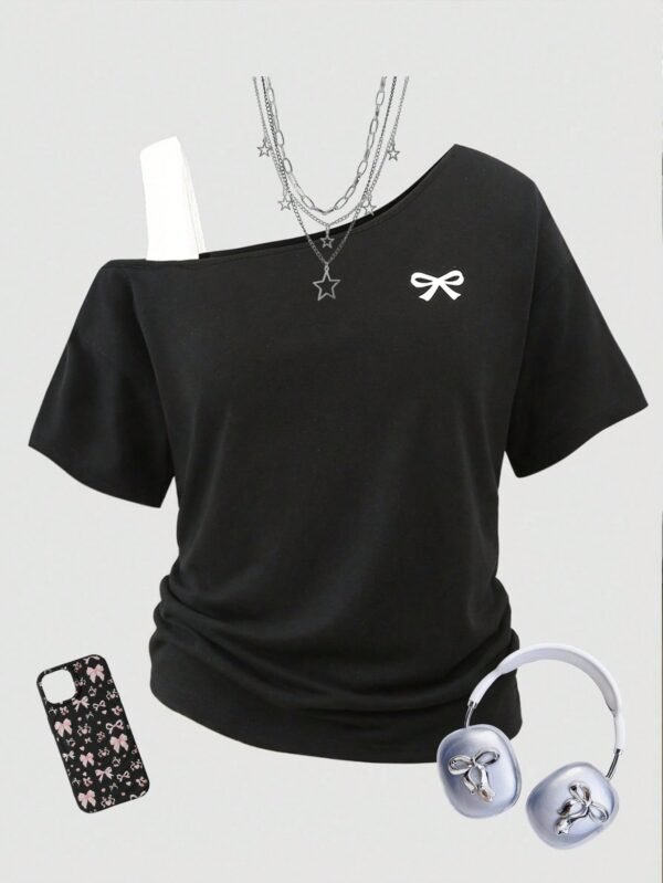 SHEIN Girlism Tween Girls Black & White 2 In 1 Butterfly Print Contrast Color T-Shirt, Asymmetric Design, Loose, Casual, Sporty Style