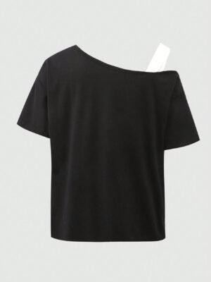 SHEIN Girlism Tween Girls Black & White 2 In 1 Butterfly Print Contrast Color T-Shirt, Asymmetric Design, Loose, Casual, Sporty Style