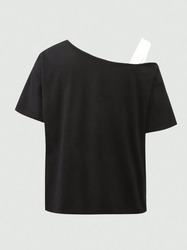 SHEIN Girlism Tween Girls Black & White 2 In 1 Butterfly Print Contrast Color T-Shirt, Asymmetric Design, Loose, Casual, Sporty Style