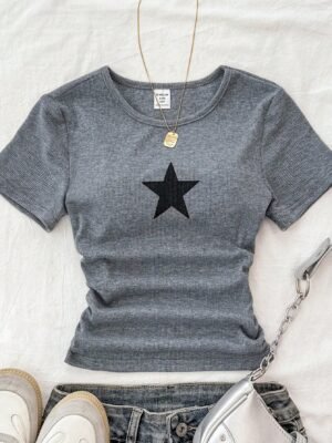 Tween girls dark gray ribbed knit short sleeve T-shirt with star pattern and ruched waist detail, casual everyday top.