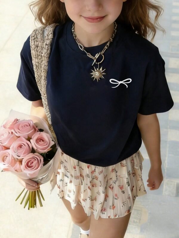 Tween Girls' Casual Pink Graphic Print Crew Neck Short Sleeve T-Shirt, Summer Top