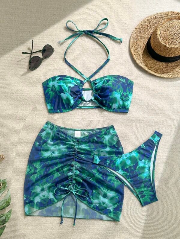 Soleia Holiday Outfits Summer Outfits Vacation Outfits Woman Summer Outfits For Women Bathing Suits For Women Women's Summer Beach Floral Print Halter Tie Sexy Bikini Swimsuit Set With Cover Up And Half Skirt