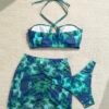 Soleia Holiday Outfits Summer Outfits Vacation Outfits Woman Summer Outfits For Women Bathing Suits For Women Women's Summer Beach Floral Print Halter Tie Sexy Bikini Swimsuit Set With Cover Up And Half Skirt