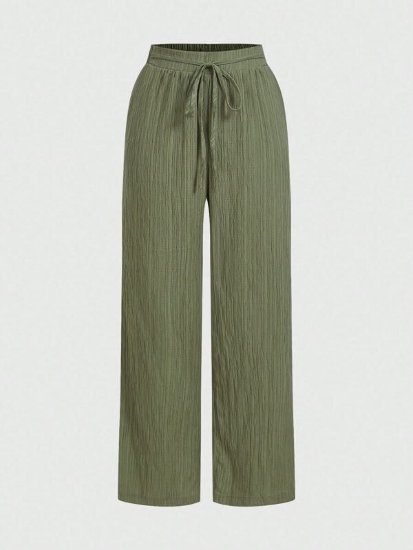 3pcs Women Casual Waist Tie Pocket Straight Leg Pants Set, Suitable For Summer