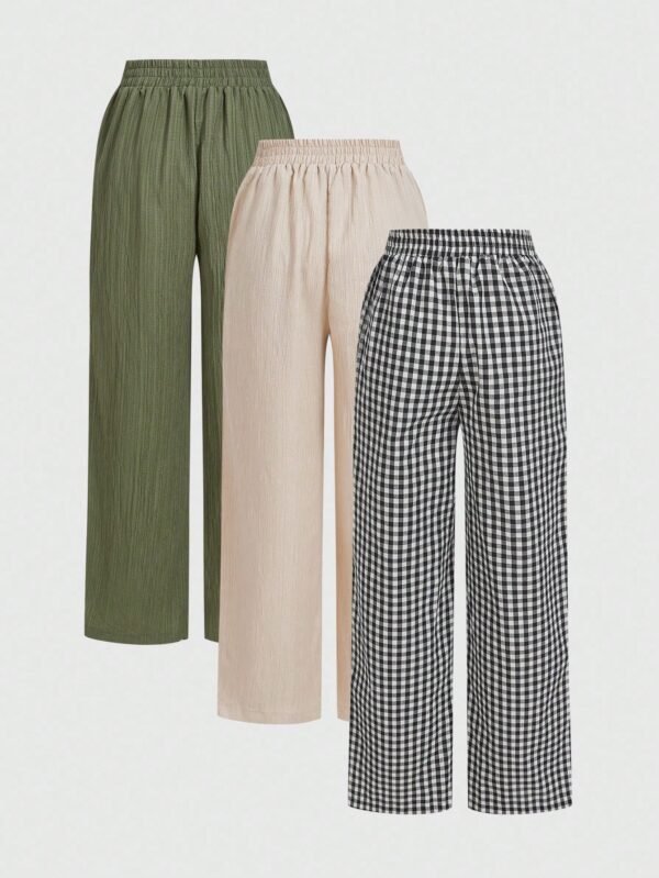 3pcs Women Casual Waist Tie Pocket Straight Leg Pants Set, Suitable For Summer