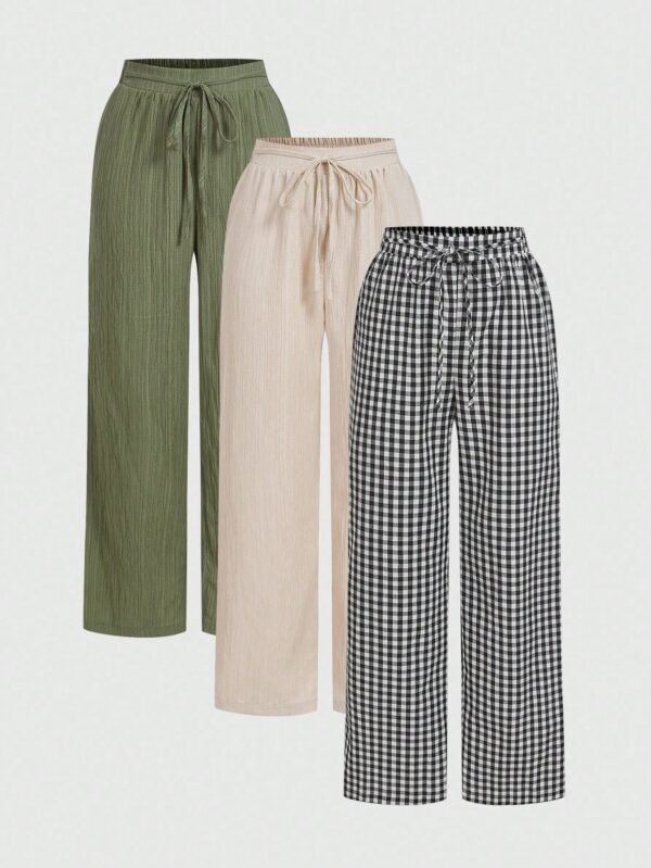 3pcs Women Casual Waist Tie Pocket Straight Leg Pants Set, Suitable For Summer