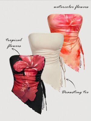 vintage floral crop top, women 3 piece summer set, old money aesthetic outfit, side tie crop top, floral tube top women, summer vacation outfit, beach holiday clothing, vintage womens fashion, elegant summer top, trendy shein mod set, womens going out outfit, floral summer clothing