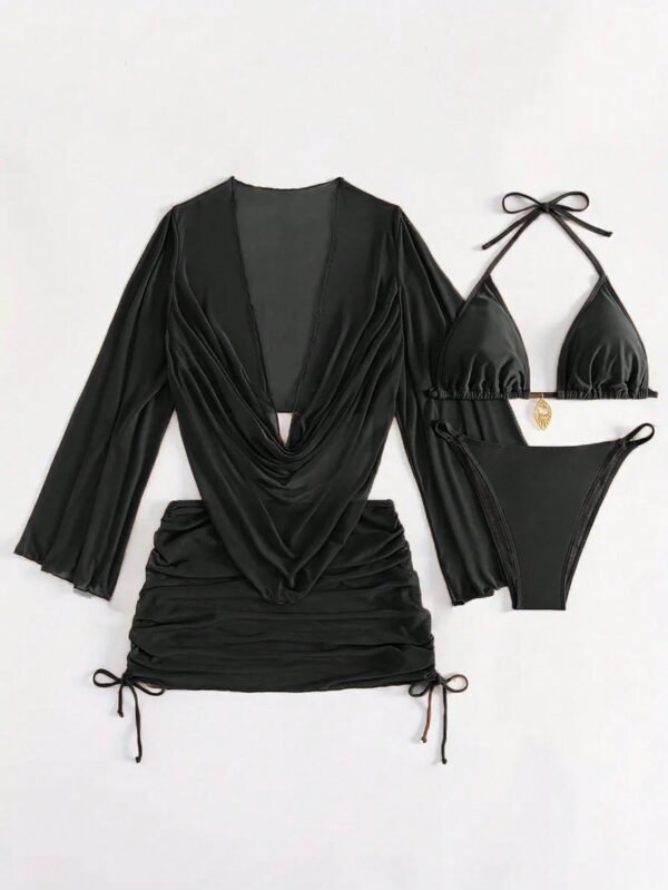 4pcs Sexy Solid Color Bikini Set With Sheer Cover-Up, Suitable For Vacation, Beach Party, Also Ideal For New Year And Valentine's Day, Exuding Elegance And Avant-Garde, Perfect Choice For Casual Women In Spring/Summer